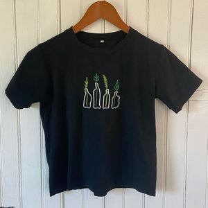 Embroidered Plant, Black Cropped T-Shirt
